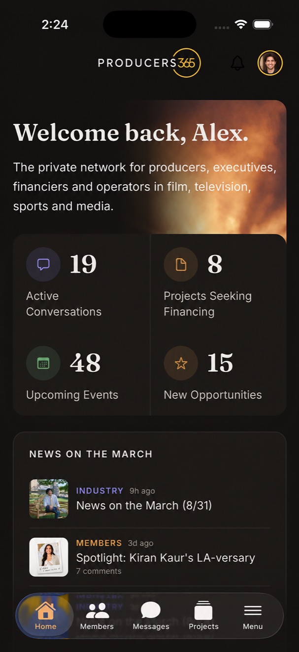 The Producers365 app home screen